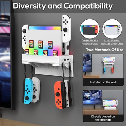 RGB Switch Wall Mount for Nintendo Switch/OLED, Games Console Wall Shelf with 7 Light Mode,Station Stand Holder for Switch Console, 7 Game Card Slots, 4 Controller Storage Hook for Switch Accessories - size: White