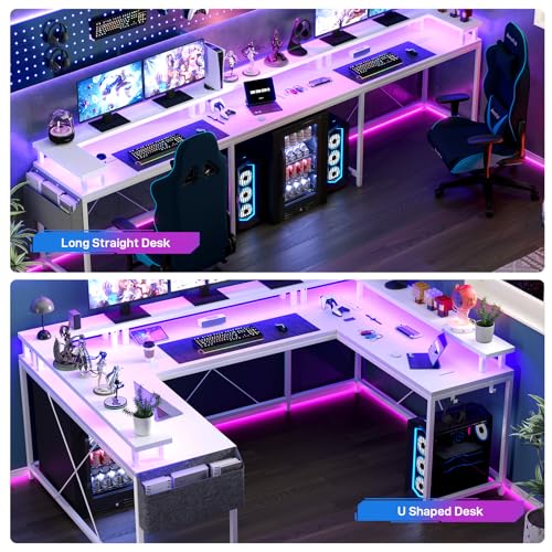 U Shaped Desk with Power Outlet & LED Lights, 79" Reversible Computer Desk with Monitor Stand, Wood Home Office Desks Gaming Desk with Shelving, Side Storage Pockets, White - color: White