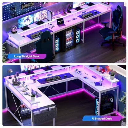 U Shaped Desk with Power Outlet & LED Lights, 79" Reversible Computer Desk with Monitor Stand, Wood Home Office Desks Gaming Desk with Shelving, Side Storage Pockets, White - color: White