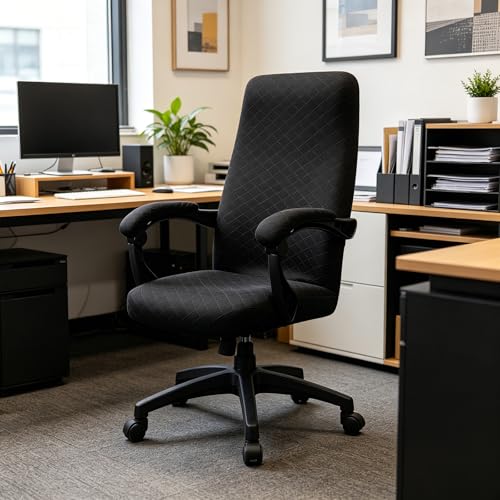 Stretch Jacquard Office Chair Cover with Armrest Covers, Removable Washable Desk Chair Cover, Anti-dust Seat Cushion Protectors - Large, Black - color: Black, size: Large Chair Cover