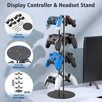 Kytok Controller Stand 4 Tiers with Cable Organizer for Desk, Universal Headphone Stand Compatible with Xbox PS5 PS4 Console Nintendo Switch, Headset Holder & Desk Mounts for 8 Packs Controller - size: 4 tiers+black