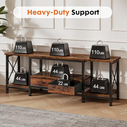 DUMOS 63" TV Stand with Power Outlets, Fabric Drawers & Open Shelves, Brown | Entertainment Center for TVs Up to 75", Media Console TV Table for Living Room & Bedroom - size: 63 Inch