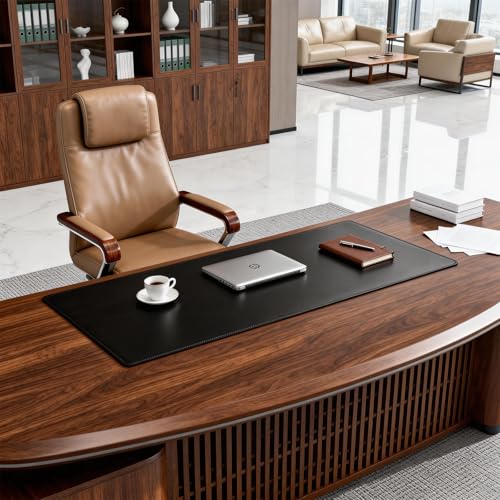 POCHAR Vegan Leather Desk Mat 31" x 16" - Desk Pad Protector for Desktop | Non-Slip PU Leather Dual-Sided Office Desk Blotter for Laptop Mouse Keyboard - Waterproof Writing Signing Pad, Black - color: Black