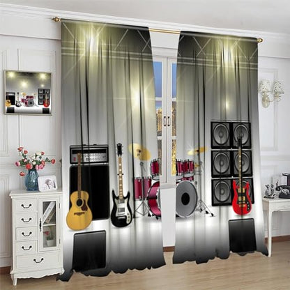 Rock Music Curtains, Teens Boys Electronic Musical Instrument Curtain Guitar Drum Speaker Window Drapes for Bedroom Living Room 42" W X 45" L(No Blackout) - color: Music-9, size: 20.5"W x 45"L (Pack of 2)