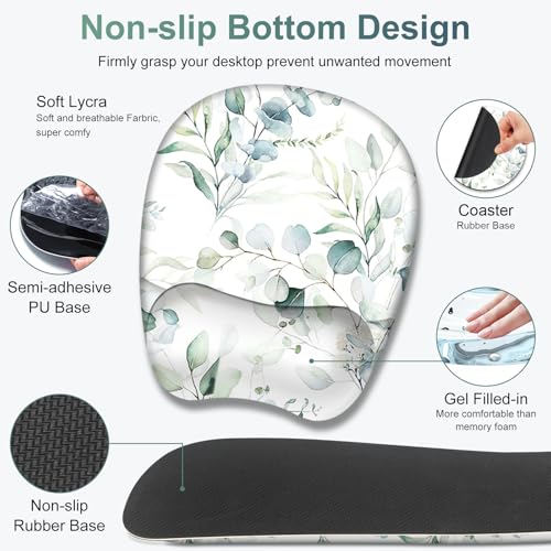 Large Mouse Pad with Wrist Support 4in1 Set, XXL Big Game Mousepad +Keyboard Wrist Rest+Mouse Wrist Rest+Coaster with Ergonomic Design Gaming Mat for Home Office Computer I Eucalyptus Branches - color: Eucalyptus Branches