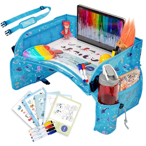 PILLANI Kids Travel Tray for Car - Road Trip Activities for Kids - Car Seat Tray for Kids Travel w/ Activity Sheets, Pens & Dry Erase Board - Toddler Road Trip Essentials & Car Accessories for Kids - color: Ocean