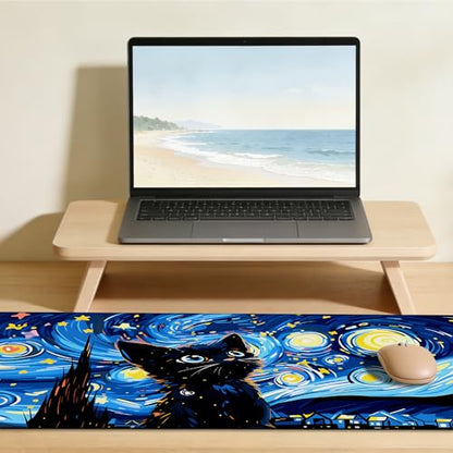 Starry Night Cat Gaming Mouse Pad Large Desk Mat Extended Keyboard Anime Mousepad with Non-Slip Base and Stitched Edge for Desk Home Office Gaming,31.5 x 11.8 Inch - color: Starry Night Cat, size: 11.8*31.5inch