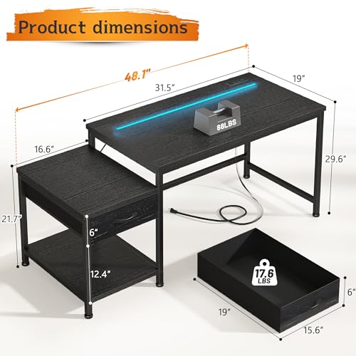 DurayLoly 48.1'' Gaming Desk with Printer Shelf & LED Lights, Reversible Computer Desk with Power Outlets & Drawers, Gaming Table with Hooks for Headphone,Small Desk for Teens, Bedroom & Dorm,Black - color: Black, size: 48inch