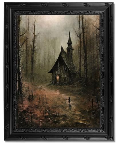 Dark Gothic Forest Church Framed Wall Art, Vintage Moody Landscape Canvas Print with Ornate Black Carved Frame, Dark Academia Aesthetic Wall Decor for Bedroom Living Room Halloween - color: Forest Church, size: 11"L x 9"W