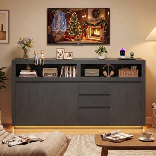 FACBOTALL 63" Modern TV Stand, Large Entertainment Center with Storage Cabinets & Drawers, Media Console Cabinet up to 70 Inch with LED Lights & Power Outlet, TV Consoles for Living Room, Black - color: Black