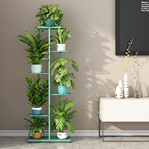 LINZINAR Plant Stand Metal 6 Tier 7 Potted Multiple Flower Pot Holder Shelf Indoor Outdoor Planter Display Shelving Unit for Patio Garden Corner Balcony Living Room (6 Tier 7 Potted, Light Green) - color: Light Green, size: 6 Tier-7 Potted