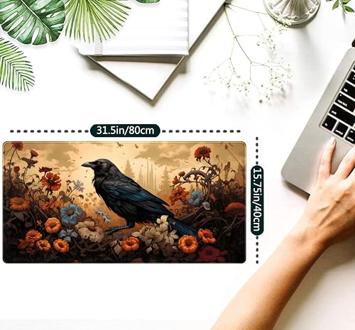 Anime Crow Kawaii Desk Mat Cute Retro Floral Mouse Pad Gaming Desk Pad XXL Large Desk Matt for Desktop Computer Mousepad, Laptop Keyboard Mouse Mat Office Decor Accessories for Women, 31.5x15.75 in - color: Dark Yellow Anime Crow