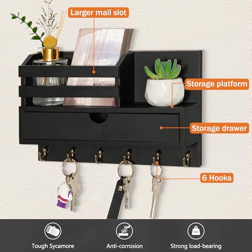 dreampossible Key and Mail Holder for Wall, Mail Organizer Wall Mount with 6 Hooks and Storage Drawer, Wooden Key Rack Hanger with Shelf for Entryway and Home Decor - color: Black, size: Standard(11.6''x7.9'')