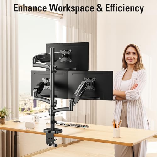 Triple Monitor Mount up to 32" Computer Screen, up to 19.8lbs Each, Adjustable 3 Monitor Stand with Clamp & Grommet Kit, Gas Spring Arm with Tilt Swivel Rotate, VESA Mount 75x75/100x100mm - size: Triple Monitor Mount