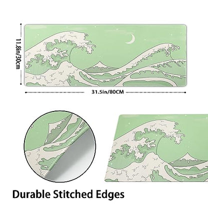 Matcha Green White Japanese Anime Gaming Mouse Pad XL Cute Kawaii Sage Aesthetic Wave Extended Large Desk Mat Non-Slip Rubber Base Stitched Edge Keyboard Mousepad for PC Office Laptop,31.5×11.8 in - color: Green Wave, size: X-Large