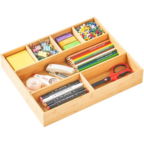 Umilife Large Bamboo Desk Drawer Organizer, Wood Office Junk Tray, 15"x12" | 2.4" Tall for Deep Drawer - Adjustable slots - Anti Slip Silicone Pads - Versatile Storage Box in Kitchen, Pantry - size: 15"x12"