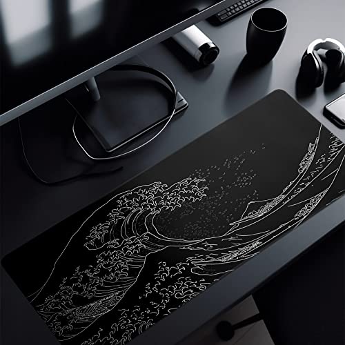 Japanese Gaming Mouse Pad Abstract Black Mouse Pad 31.5x11.8 Inch Black Sea Wave Texture Non-Slip Rubber Base Large Ocean Mousepad Stitched Edges Keyboard Mouse Mat Desk Pad for Office and Home - color: Japanese Sea Wave