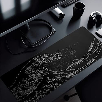 Japanese Gaming Mouse Pad Abstract Black Mouse Pad 31.5x11.8 Inch Black Sea Wave Texture Non-Slip Rubber Base Large Ocean Mousepad Stitched Edges Keyboard Mouse Mat Desk Pad for Office and Home - color: Japanese Sea Wave