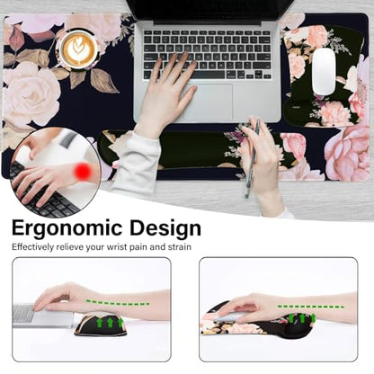 MOSISO Keyboard Mouse Pad Set, Large Gaming Mousepad&Keyboard Wrist Rest&Mouse Pad with Wrist Rest&Coaster, Peony Ergonomic Non-Slip Mousepad with Raised Memory Foam for Home Office, Black
