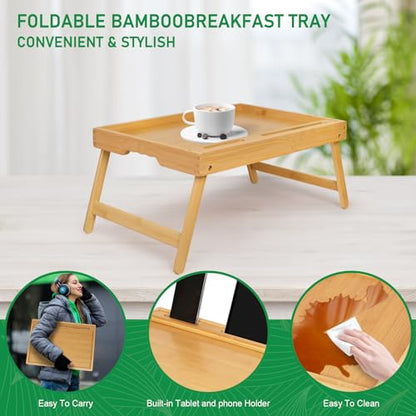 Artmeer Bed Tray Table with Folding Legs, Bamboo Breakfast Food Tray with Media Slot, Use As Platter, Laptop Desk, Snack, TV Tray Kitchen Serving Tray (Bamboo Large) - color: Bamboo, size: Large