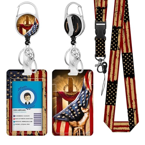 American Flag Lanyards ID Badge, USA Flag ID Badge Holder with Retractable Reel Clip and Keychain, Vertical Heavy Duty Identity Badge Cover Case Protector for Teacher Nurse Gifts for Christmas - color: Nationalflag2-red