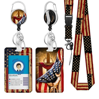 American Flag Lanyards ID Badge, USA Flag ID Badge Holder with Retractable Reel Clip and Keychain, Vertical Heavy Duty Identity Badge Cover Case Protector for Teacher Nurse Gifts for Christmas - color: Nationalflag2-red