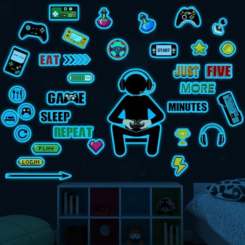 Gamer Wall Decals Stickers Glow in The Dark Wall Decals Game Wall Stickers Gaming Controller Wall Decals Game Room Decor Video Game Decal for Boys Kids Girls Bedoom Playroom Wall Decor… (Sky Blue) - color: Sky Blue