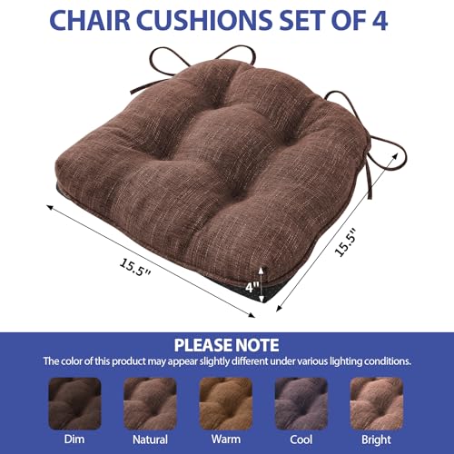 IPYNBAP Chair Cushions for Dining Chairs Set of 4, Kitchen Chair Cushions, Chair Pads with Ties and Non Slip Backing, Tufted Memory Foam Seat Cushion 4 Pack, 15.5" x 15.5" x 4", Brown - color: Brown, size: 15.5" x 15.5" x 4"