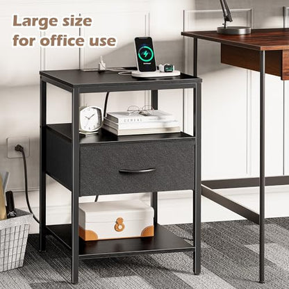 SUPERJARE Night Stand with Charger Station, 27.7 Inch Tall Nightstand with Adjustable Fabric Drawer, Bed Side Table, Fabric Drawer Dresser for Bedroom, Living Room, Black - color: Black, size: L (15.7"D x 17.7"W x 27.7"H)