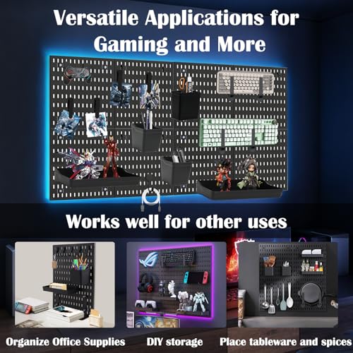 Peg Board Kit, ABS Plastic Wall Organizer Panels, 4 Pack, 12 x 12 in | with Hooks / Shelves / Bins / Accessories, Wall Mounted / No Drill / Adhesive, for Office / Gaming Room / Craft Room