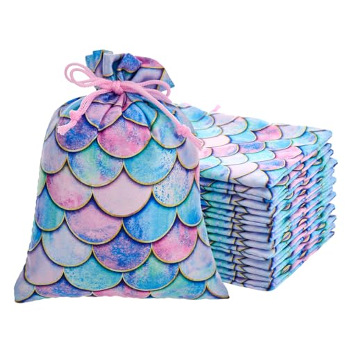 RICHNESS 16pcs Mermaid Party Favor Bags, Ocean Goodie Candy Bags, Drawstring Satin Girl Party Gift Treat Pouches for Baby Shower Kids Girls Mermaid Birthday 4.7X6.3 Inch - color: Pink