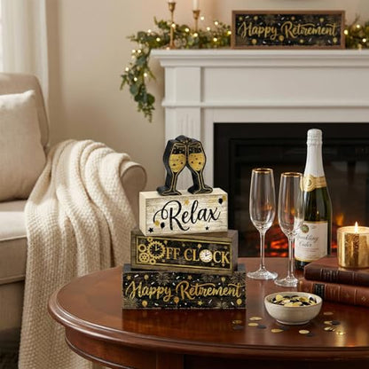 4 Pcs Retirement Party Decorations Gifts Happy Retirement Office Desk Table Decor Wooden Signs Funny Coworker Farewell Gift Shelf Sitter Home Tabletop Set - style: Retirement
