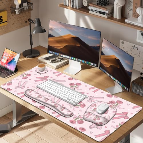 Pink Mouse Pad with Wrist Support 4 in1 Set, XXL Big Game Mousepad + Keyboard Wrist Rest + Mouse Wrist Rest Pad +Coaster Gaming Mat for Home Office Work Computer Laptop PC I Sweet Rose & Heart Bow - color: Sweet Rose & Heart Bow