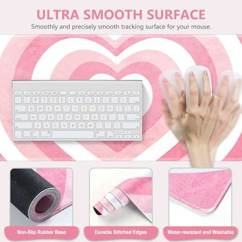 iLeadon Pink Desk Mat, Desk Pad + Pink Mouse Pad with Wrist Rest + Keyboard Wrist Rest + Coaster, 4in1 Mouse Pad Set, Mouse and Keyboard Pad for Home Office, Heart Pink - color: Heart Pink