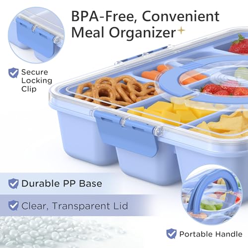Snackle Box Container for Adults with 10 Compartment, Divided Serving Tray with Lid and Handle and 2 Sauce Containers, Portable Snack Box Container for Charcuterie Party Travel, Blue - color: Light Blue