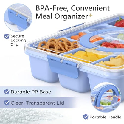 Snackle Box Container for Adults with 10 Compartment, Divided Serving Tray with Lid and Handle and 2 Sauce Containers, Portable Snack Box Container for Charcuterie Party Travel, Blue - color: Light Blue