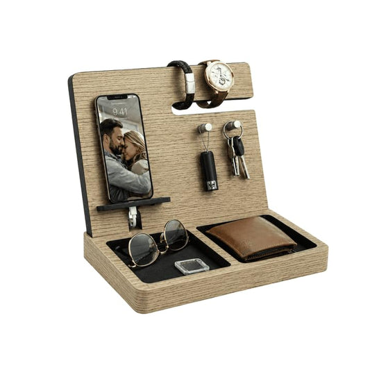 Namore Nightstand Organizer for Men – Wood Phone Docking Station & Bedside Valet Tray Organizer for Wallet, Watch & Keys – Unique Gifts for Men, Husband, Dad - color: Hickory