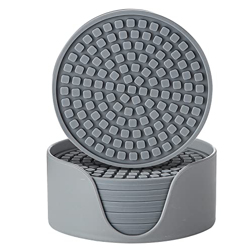 Colinda Silicone Drink Coasters with Holder, Set of 6, Outdoor Cup Mat for Hot or Cold Drinks, Thickened, Non-Slip,Non-Stick, Cool Grey - color: Cool Grey
