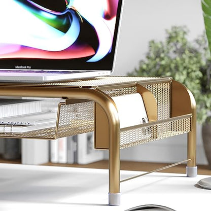 Martha Stewart Ryder Gold Mesh Metal Desktop Monitor Stand Riser with Organizer Drawer and Side Storage