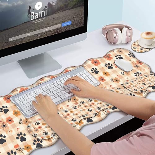 Bxgolkgd Desk Mat Set,Mouse Pad with Keyboard Wrist Rest & Mouse Wrist Rest,Wave-Shaped Design,Non-Slip Rubber Base,Ergonomic Desk Mat for Home,Office,Gaming,Flowers Dog Paw Prints - color: Flowers Dog Paw Prints