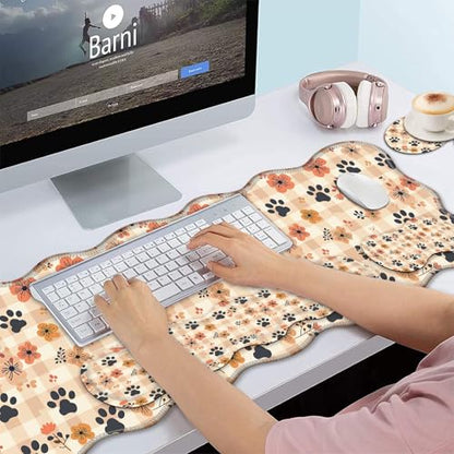 Bxgolkgd Desk Mat Set,Mouse Pad with Keyboard Wrist Rest & Mouse Wrist Rest,Wave-Shaped Design,Non-Slip Rubber Base,Ergonomic Desk Mat for Home,Office,Gaming,Flowers Dog Paw Prints - color: Flowers Dog Paw Prints