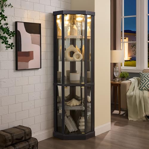 70" Lighted Corner Curio Cabinet,Inside Mirror Corner Glass Display Case with Tempered Glass Door for Living Room, Antique Collectibles, Wine & Bar Glass Storage, Lights Included - color: Black, size: Style-B