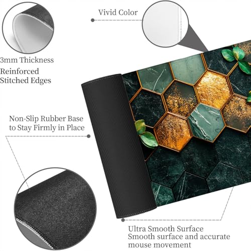 Gold Leaf Desk Mat Gaming Large Mouse Keyboard Pad Green Marble Honeycomb Desktop Mat for Keyboard and Mouse Extra Full Desk Computer Pads 31.5" x 11.8" - color: Gold Leaf, size: 31.5L x 11.8W inches
