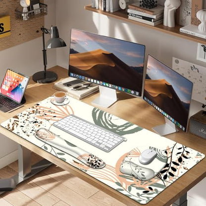 Large Mouse Pad with Wrist Support 4 in1 Set, XXL Big Game Mousepad + Keyboard Wrist Rest+Mouse Wrist Rest+Coaster Ergonomic Gaming Mat for Home Office Table Computer I Modern Boho Leaves - color: Modern Boho Leaves