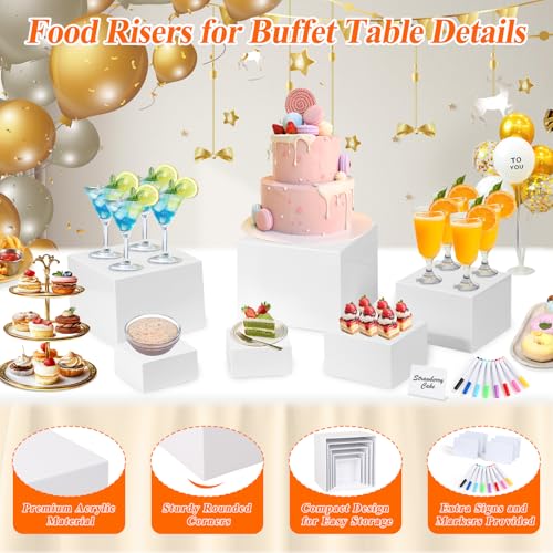 6 Pcs White Acrylic Buffet Risers with Mini Sign and Maker, Food Display Stands for Buffet Table Party Catering Dessert Jewelry Collectibles,Nesting Cube Boxes with Hollow Bottoms (8",7",6",5",4",4") - color: 8" 7" 6" 5" 4" 4"