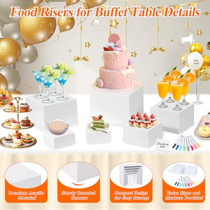 6 Pcs White Acrylic Buffet Risers with Mini Sign and Maker, Food Display Stands for Buffet Table Party Catering Dessert Jewelry Collectibles,Nesting Cube Boxes with Hollow Bottoms (8",7",6",5",4",4") - color: 8" 7" 6" 5" 4" 4"