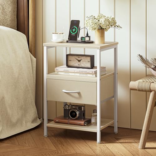 SUPERJARE Nightstand with Charging Station, Bed Side Table with Adjustable Fabric Drawer, Night Stand for Bedroom, 3-Tier Storage End Table, for Living Room, White Maple - color: White Maple, size: M (11.8"D x 15.7"W x 23.4"H)