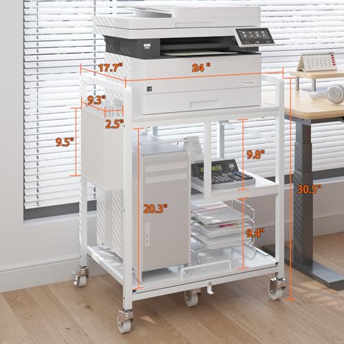 Sedegn Large Printer Stand with Wheels: Lockable Rolling Printer Cart | 24 x 18 Inch Top Fits Laser Printers Shredders and PC Towers 3-Outlet Power Strip and Storage Bag for Home Office (White) - color: Matte White