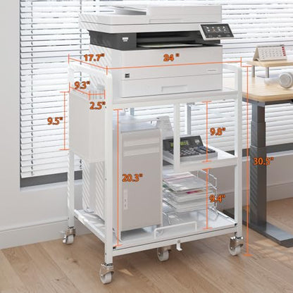 Sedegn Large Printer Stand with Wheels: Lockable Rolling Printer Cart | 24 x 18 Inch Top Fits Laser Printers Shredders and PC Towers 3-Outlet Power Strip and Storage Bag for Home Office (White) - color: Matte White