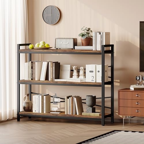 3 Tier Bookshelf 39.37" Width, Dorm Desk Hutch, Desk Shelf, Long Industrial Bookcase, Wooden Large Book Shelf for School Home Living Room Bedroom Office Storage(Vintage) - color: Vintage, size: 3 Tier - 39.4" W